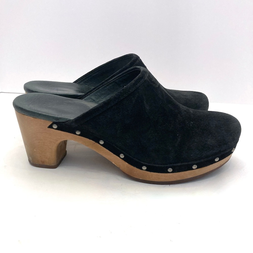 Ugg Suede Clogs Mules Black Leather Lined Womens 8 EU 39 Wood Studded 5772